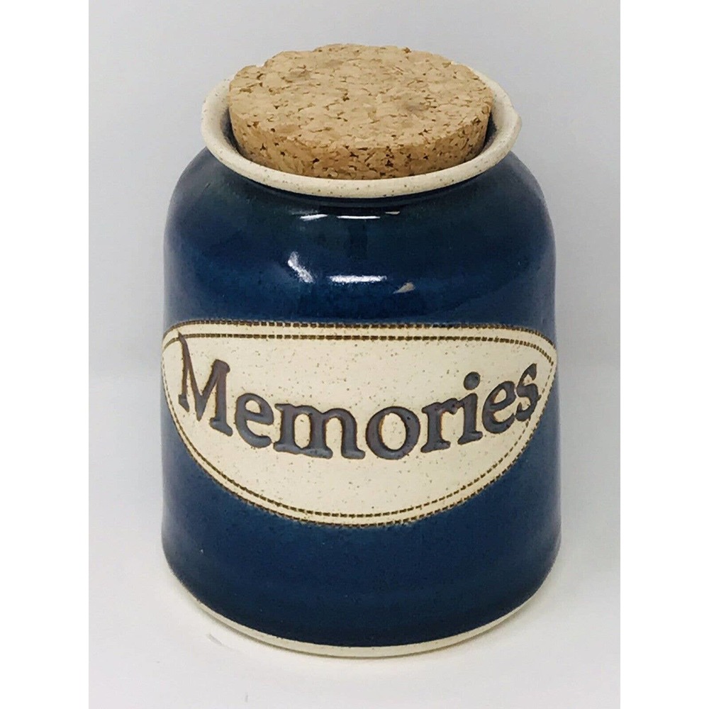Word Jar MEMORIES Handmade Pottery Jar Cork Stopper Some Crazing Blue Tan Cream